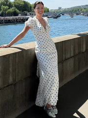 White Satin V-neck Polka Dot Maxi Dress