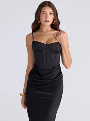 Black Corset Strap Drape Satin Maxi Dress