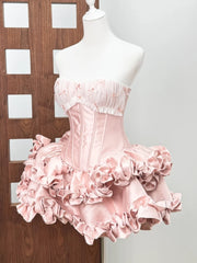 Pink Satin Corset 3d Flower Ruffles Mini Dress