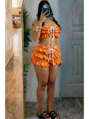 Knitted Ruffle Tiered Crop Top And Ruffle Shorts Set