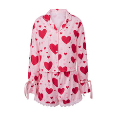 Long Sleeve Heart Print Top and Elastic Waist Shorts Loungewear Set