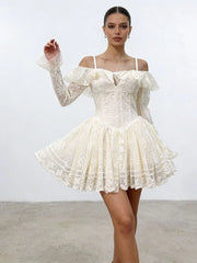 White Off The Shoulder Lace Ruffles Mini Dress