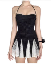 Black Polka Dot Lace Patchwork Ruffle Hem Strappy Mini Dress
