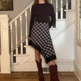 Plaid Print Lace Patchwork Irregular Hemline Midi Skirt