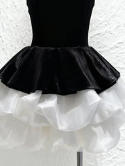 Black Velvet Puff Layered Hem Mini Dress