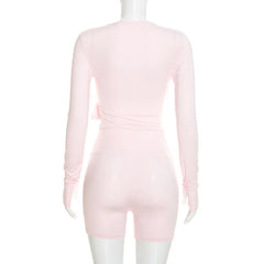 Long Sleeve V Neck Tie-Up Top And Cycling Shorts Set