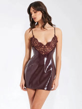 Burgundy Spaghetti Strap Lace Patchwork Pu Faux Leather Mini Dress