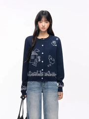 Blue Cartoon Embroidery Cardigan