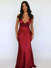 V-neck Satin Backless Pearl Chain Long Dress