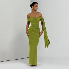 Slash Neck Off-Shoulder Ribbon Split Maxi Dress