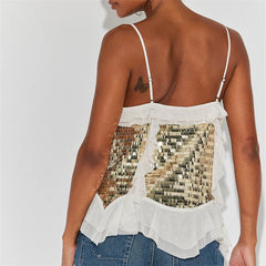 Gold Spaghetti Strap Sequin Ruffle Top