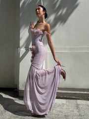 Purple 3d Flower Strapless Slit Cut Out Mesh Maxi Dress
