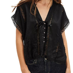 Lace Trim Sheer Tie-up Button Top