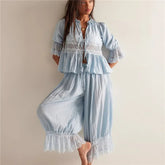 Lace Trim Bow Tie Front Short Sleeve Shirts And Ruffle Flared Lantern Pants Loungewear Set