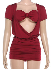 Cowl Low Neck Short Sleeve Bandeau Tie Up Mini Dress