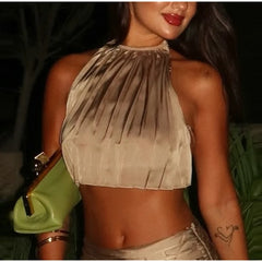 Gold Halter Open Back Crop Top And Maxi Skirt Set