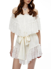 White Lace Off-Shoulder Tie Up Frill Mini Dress