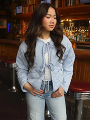 Blue Gingham Heart-Shaped Pocket Padded Jacket