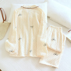 Cotton Polka Dot Bow Print Shirt And Pajama Set