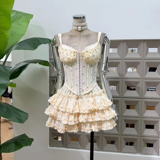 Floral Corset Hook Strappy Top And Frill Mini Skirt Set