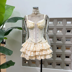 Floral Corset Hook Strappy Top And Frill Mini Skirt Set