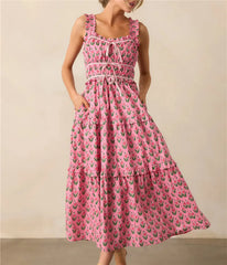 Pink Ruched Printed Maxi Dress