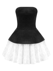 Black Velvet Lace-up Corset Top And Mini White Floral Skirt Set