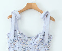 Blue Printed Midi Tie Up Dress