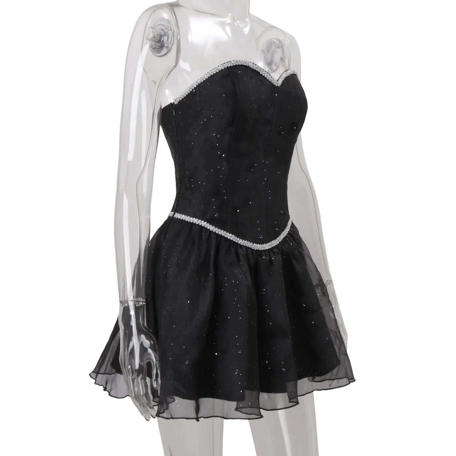 Black dress with silver trim on a mannequin
