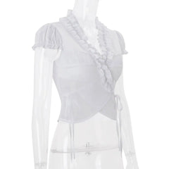 White Short Sleeve Sheer Ruffle Tie Up Top