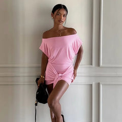 Pink Short Sleeve Waist Tie Mini Dress