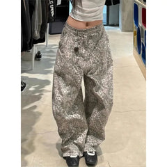 Leopard Print Wide Leg Denim Pants