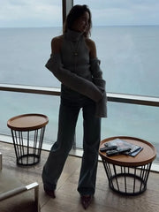 Ribbed Knit Turtleneck Cutout Shoulder Vest Long-Sleeved Shawl 2-Piece Set Top