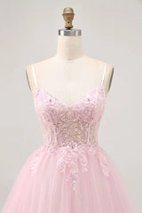 Pink Sequined Embroidered Spaghetti Strap Tulle Mini Dress