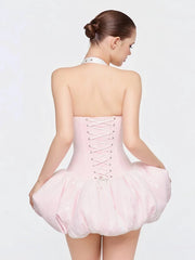Pink Halter Neck Belted Strap Puff Hem Corset Mini Dress
