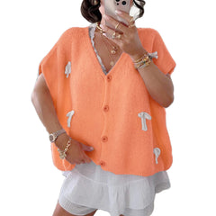 Bow V-Neck Short Sleeve Cardigan