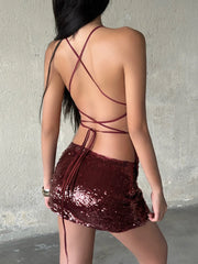 Red Tie Up Cami Sequin Mini Dress