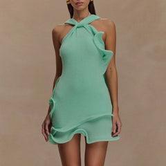Knitted Halter Ruffle Trim Mini Dress