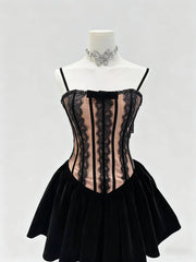 Black Corset Lace Trim Desgin Flare Mini Dress