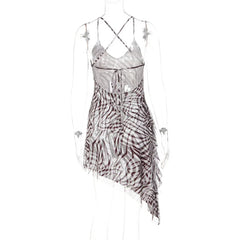 Zebra Print Cowl Spaghetti Strap Irregular Hem Mini Dress