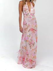 Halter Tie Up Floral Print Maxi Dress