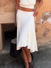 White Asymmetric Seam Midi Skirt