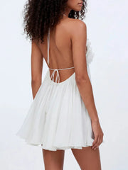 White 3D Flower Bust Patchwork Lace Up Flare Mini Dress