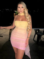 Pink Gradient Ruched Bodycon Strapless Mini Dress With Scarf