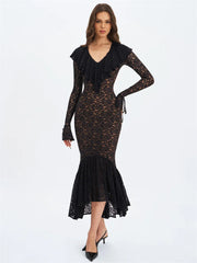 Black Lace Ruffled Long Sleeve Maxi Dress