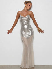 Metallic Spaghetti Strap Mesh Mermaid Maxi Dress
