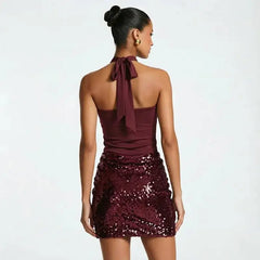 Sequin Patchwork Halter Tank Mini Bodycon Dress