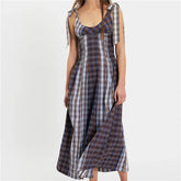 Plaid Patchwork Print Tie Shoulder Strap Maxi Dress