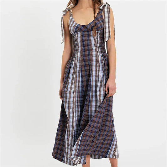 Plaid Patchwork Print Tie Shoulder Strap Maxi Dress