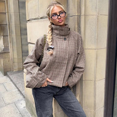 Plaid Print Stand Collar Pocket Jacket